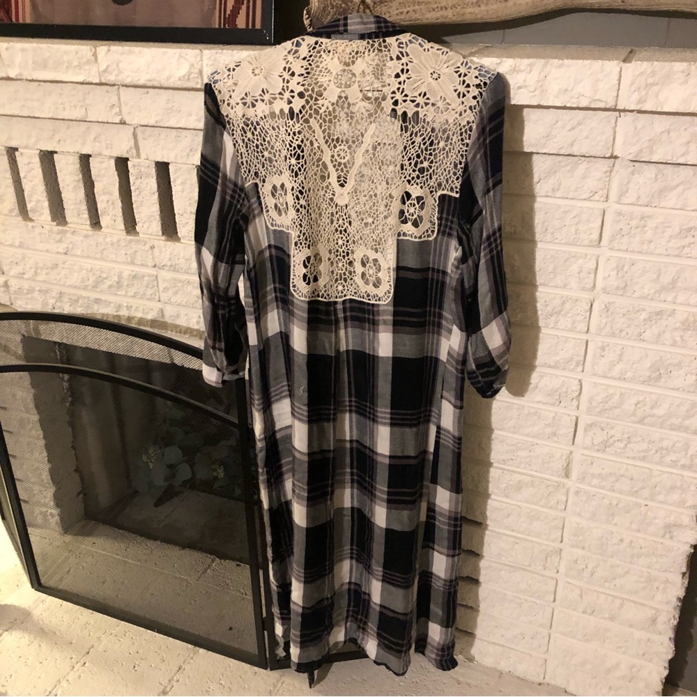 Plaid cardigan duster with crochet detail